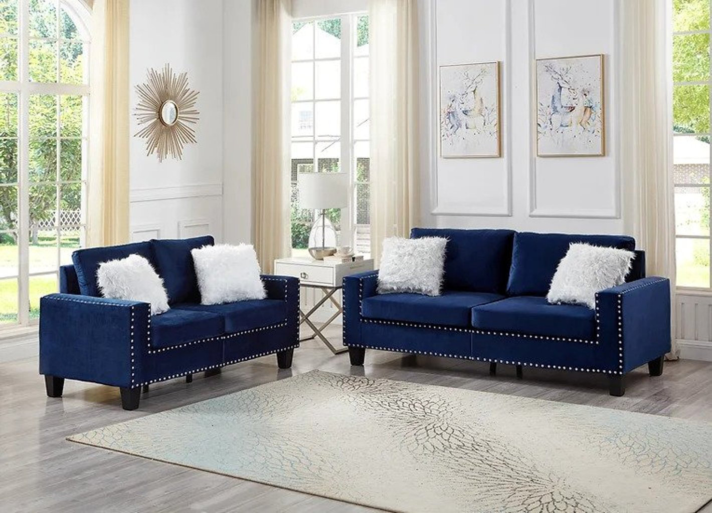 Bob's Discount Furniture Melanie Blue Nailhead Sofa and Ottoman