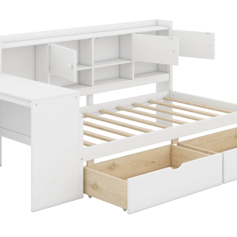 Lit de jour en L simple avec 3 armoires, 2 tiroirs de rangement sous le lit et bureau d'étude intégré, lit multifonctionnel avec bureau d'étude et bibliothèque intégrée
