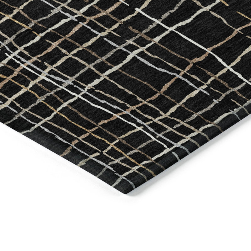 3' X 5' Black Ivory Striped Washable Indoor Outdoor Area Rug