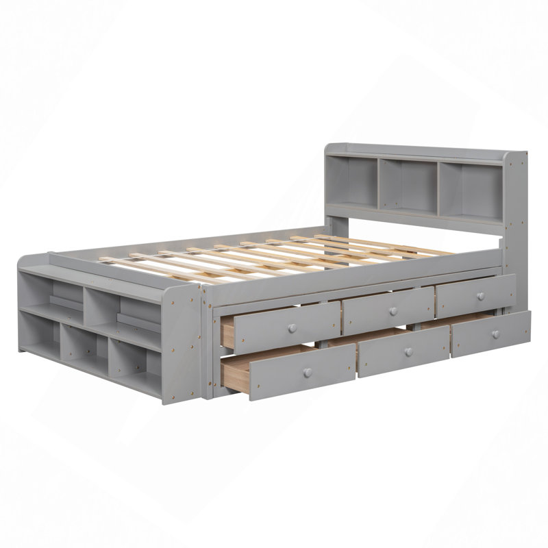 Lit double avec tête de lit bibliothèque, tiroirs de rangement sous le lit et étui de rangement, Gris