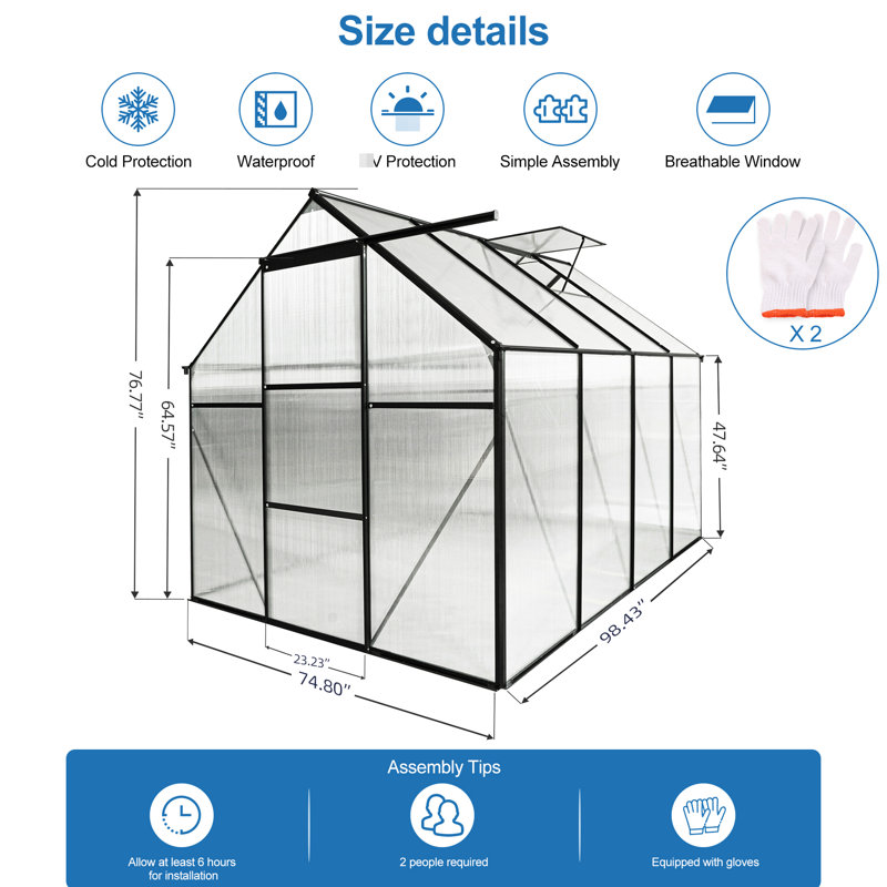 Serre en polycarbonate noir - robuste, toutes saisons pour porte coulissante d'extérieur pour la cour arrière, toit ajustable, structure avec base en acier galvanisé robuste