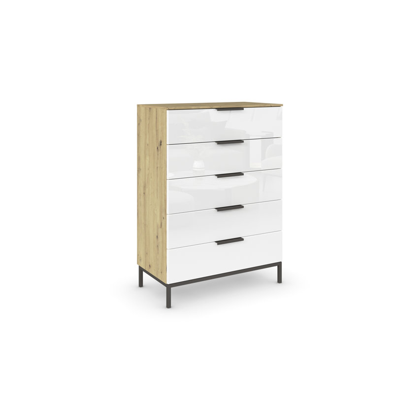 Flipp 5 - Drawer Chest of Drawers, Artisan Oak/White Glass/Graphite