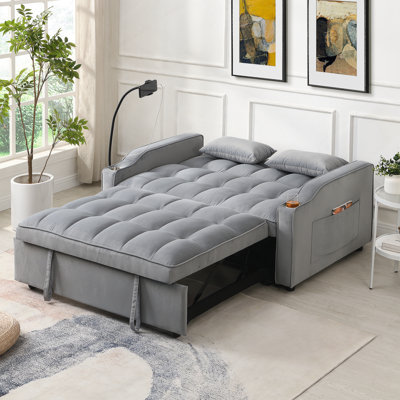 Modern And Functional Velvet Loveseat Futon Sofa Couch With Pullout Bed, Adjustable Reclining Backrest, Toss Pillows, Pockets, Ideal For Living Room