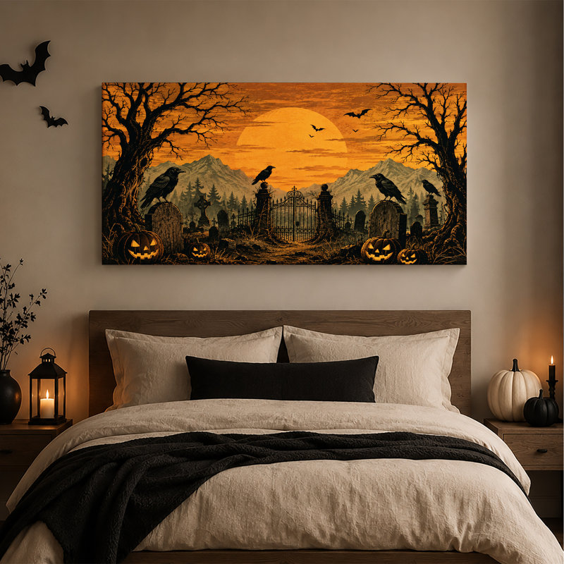Tableau sur toile représentant un cimetière au clair de lune orange avec des corbeaux et des citrouilles, idéal pour l’Halloween.