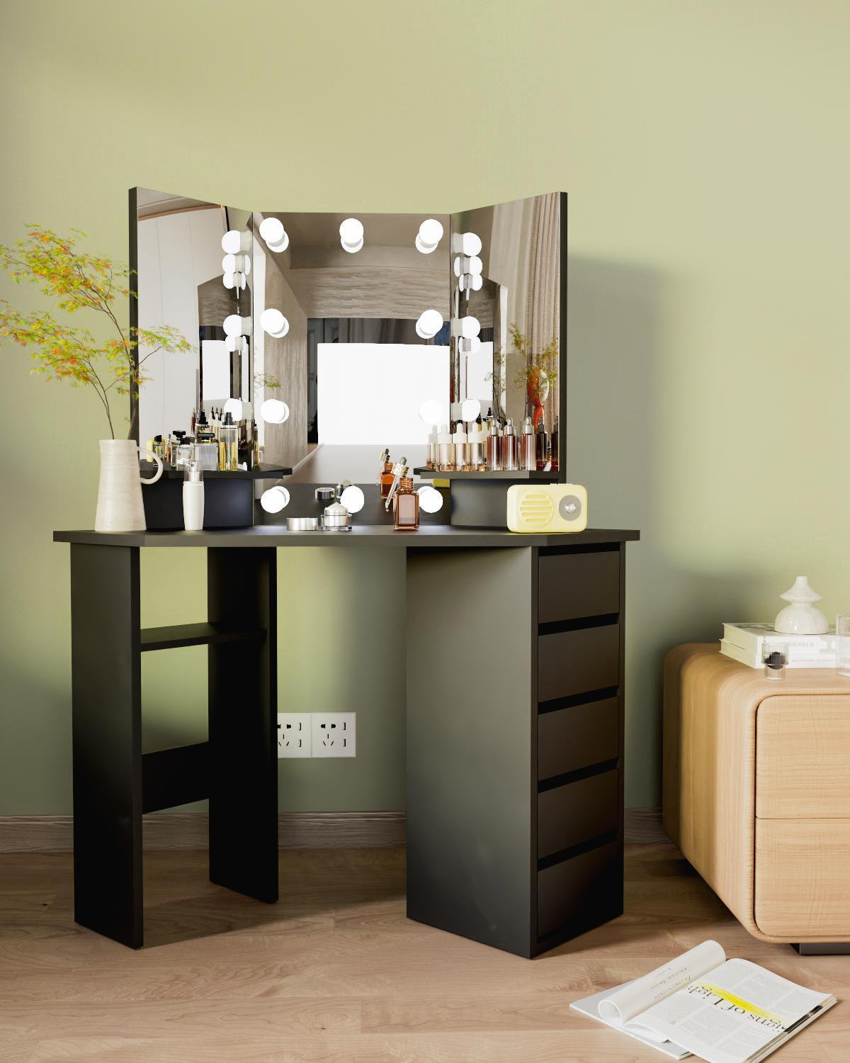 Latitude Run® Kialen Modern Corner Makeup Vanity with 10 LED Lights ...