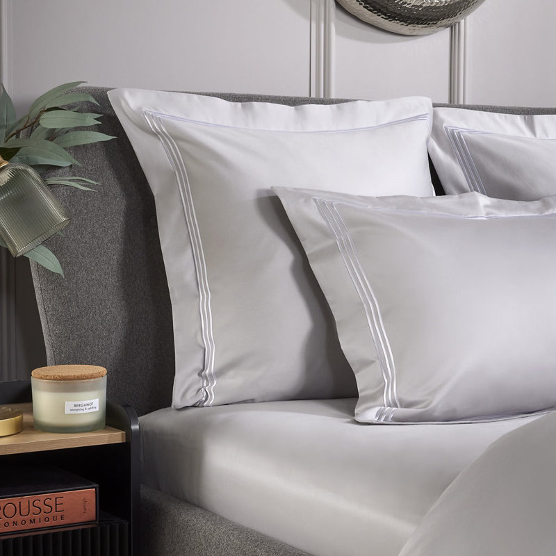 800 Thread Count Triple Row Cord Embroidered Square Pillowcase Pair, Grey/White