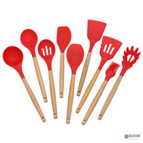 Flex-Core Lot de 5 ustensiles de cuisine avec manche en bois résistant à la  chaleur – Comprend une spatule antiadhésive, une cuillère, un grattoir à  bocaux et un mini