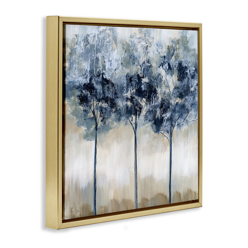 Trio d'arbres en sourdine abstrait, H 25 po x l 25 po, Cadre flottant métallique doré