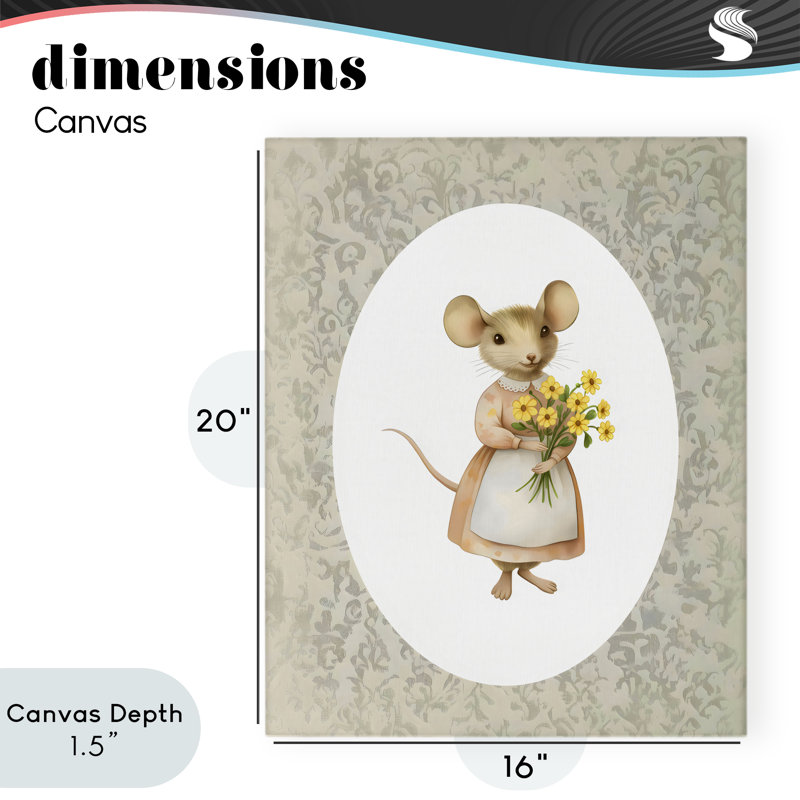Petite souris sur toile avec fleurs, design par Arlington Prints, H 20 po x l 16 po