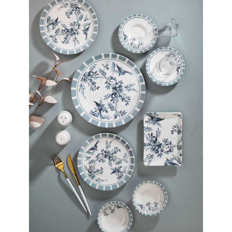 Ensemble de petit déjeuner (27 pièces), Floral, Bleu / blanc