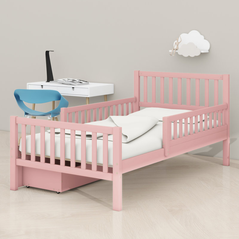 Lit plateforme en bois avec garde-corps des deux côtés et deux tiroirs de rangement, Rose