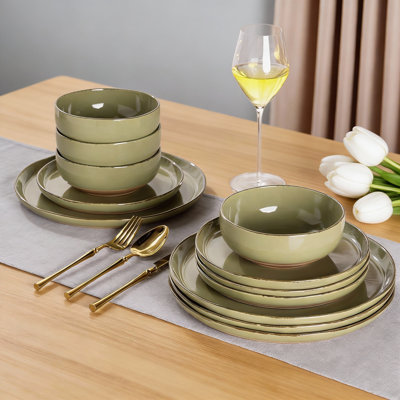 12-Piece Ceramic Dinnerware Set For 4 | Handpainted Stoneware Plates & Bowls With Rustic Terracotta Underside & Scratch-Resistant Finish