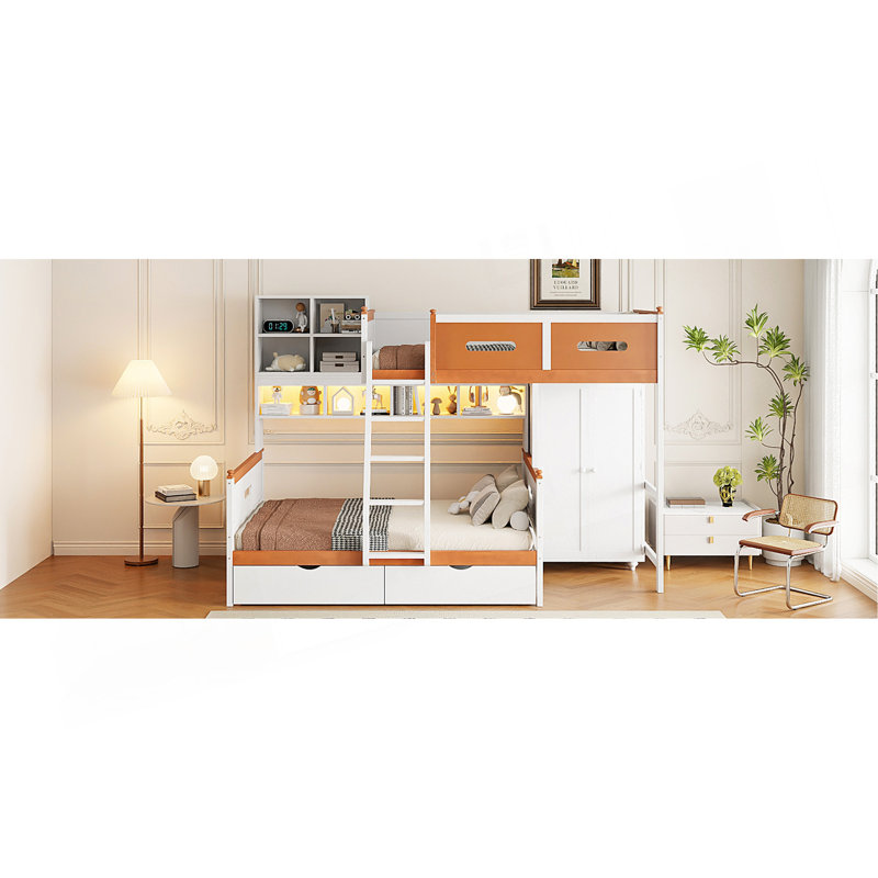 Lit superposé simple au-dessus d'un lit double en bois avec garde-robe, tiroirs, tablettes et lumière DEL