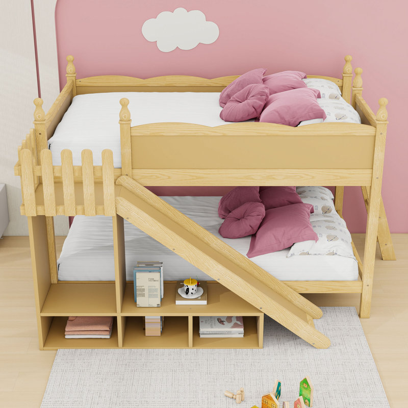 Lit superposé double avec glissière et échelle, tablettes de rangement intégrées, Natural