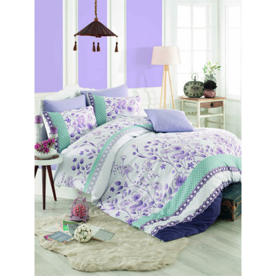 Elegant Ranforce Double Quilt Cover Set, Lilac & White/Green, 79 x 87 in | 100% Cotton, 140 Thread Count | Includes 2 Pillowcases (20 x 28 in) | Machine Washable, Button Closure | Soft & Stylish Bedding for All Seasons