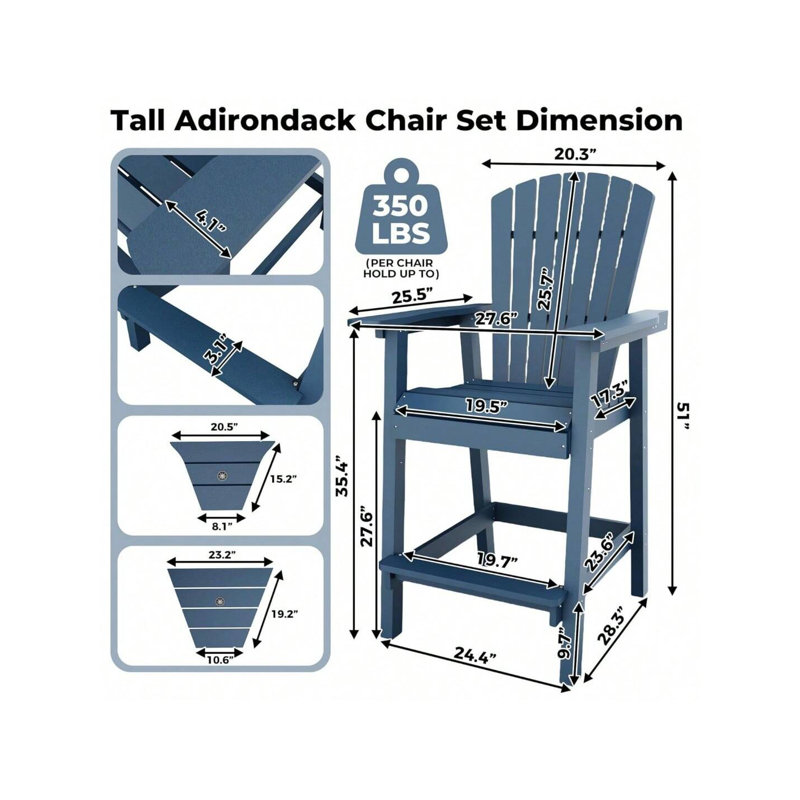 Ensemble de 2 tabourets de bar d'extérieur en polyuréthane recyclé avec plateau de connexion et chaises hautes Adirondack
