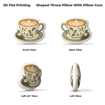 Botanical Latte with Leaf Pattern Coffee Lovers Gift 2D Flat Printing Shaped Stuffed Throw Pillow Decorative Cushion for Bedroom Sofa Kitchen Coffee Bar And Home Decor, 9.8in