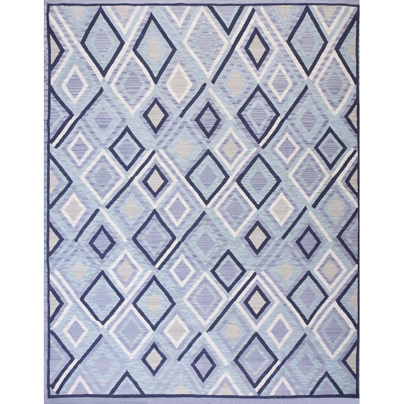 Tapis bleu marine / bleu clair / ivoire en laine noué à la main de conception unique 9 pi x 12 pi