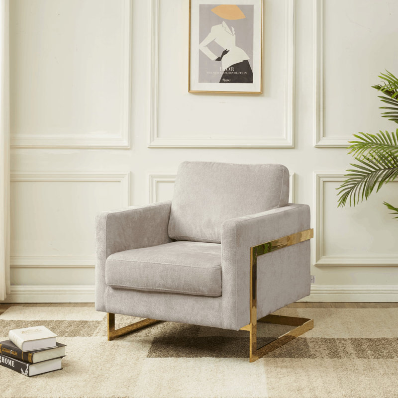 Lincoln Boucle Fabric Accent Armchair with Stainless Steel Frame and Removable Cushion, Blue, Gold