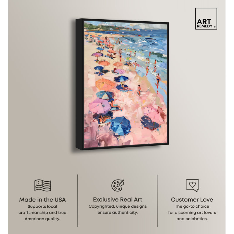 Colorful Coastal Beach Scene Canvas Print with Black Frame