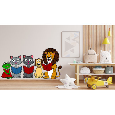 Colorful Animal Wall Decal For Kids Reading Corner - Frog, Cats, Dog And Lion Reading Books - Nursery Decor & Playful Wall Art - Gift