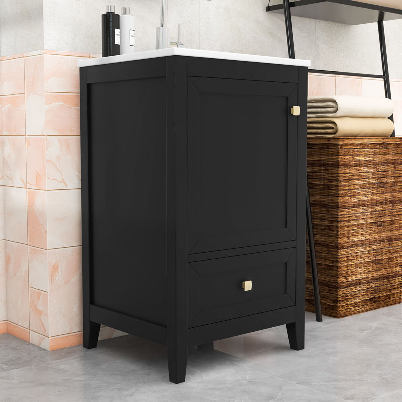 Meuble-lavabo de salle de bain avec lavabo en céramique, armoire à porte à fermeture douce, support de rangement et tiroir
