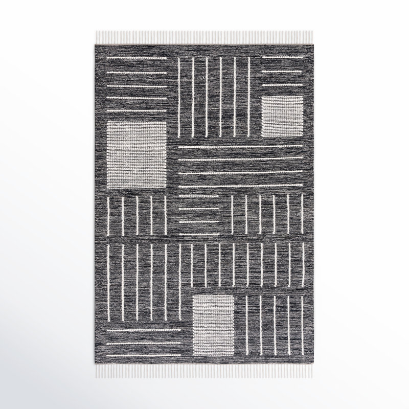 Flore Geometric Handmade Kilim Wool/Cotton Area Rug in Black/Ivory, Rectangle 3' x 5'