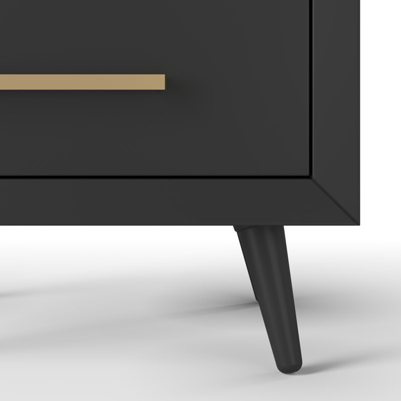 Ebony Pine Wood 2-Drawer Mid-Century Modern Nightstand