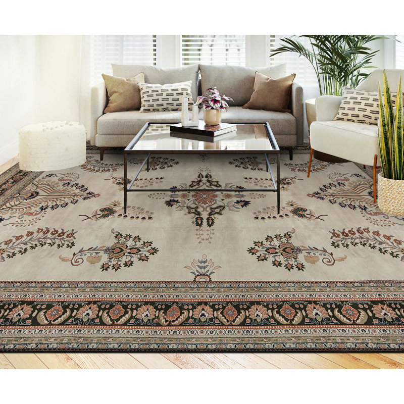 Tapis beige et vert noué à la main de haute qualité