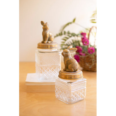  Set of 2 Resin and Glass Rabbit Canisters Decorative Storage 12.5"H