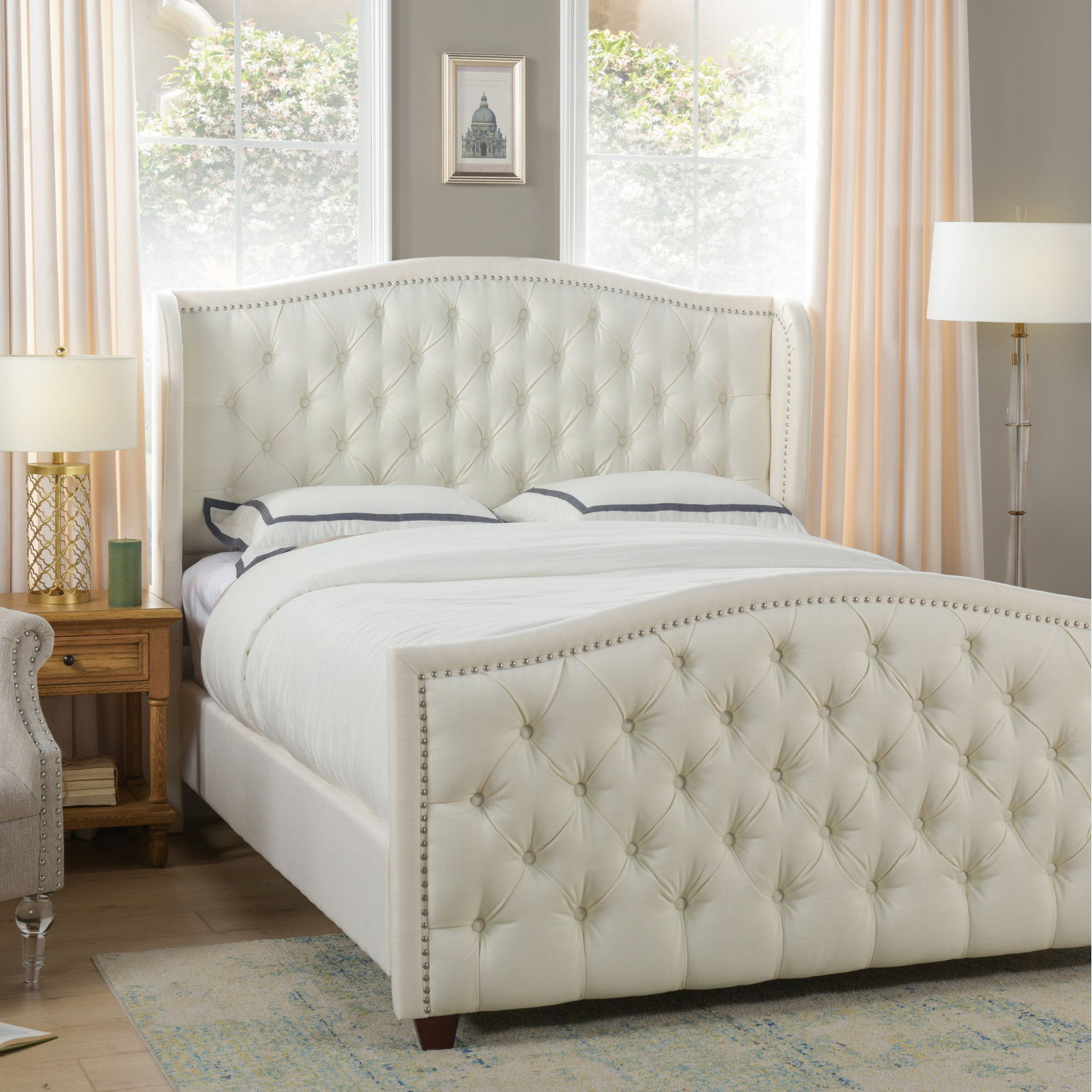 Coleman Upholstered Wingback Bed, Antique White Velvet, King