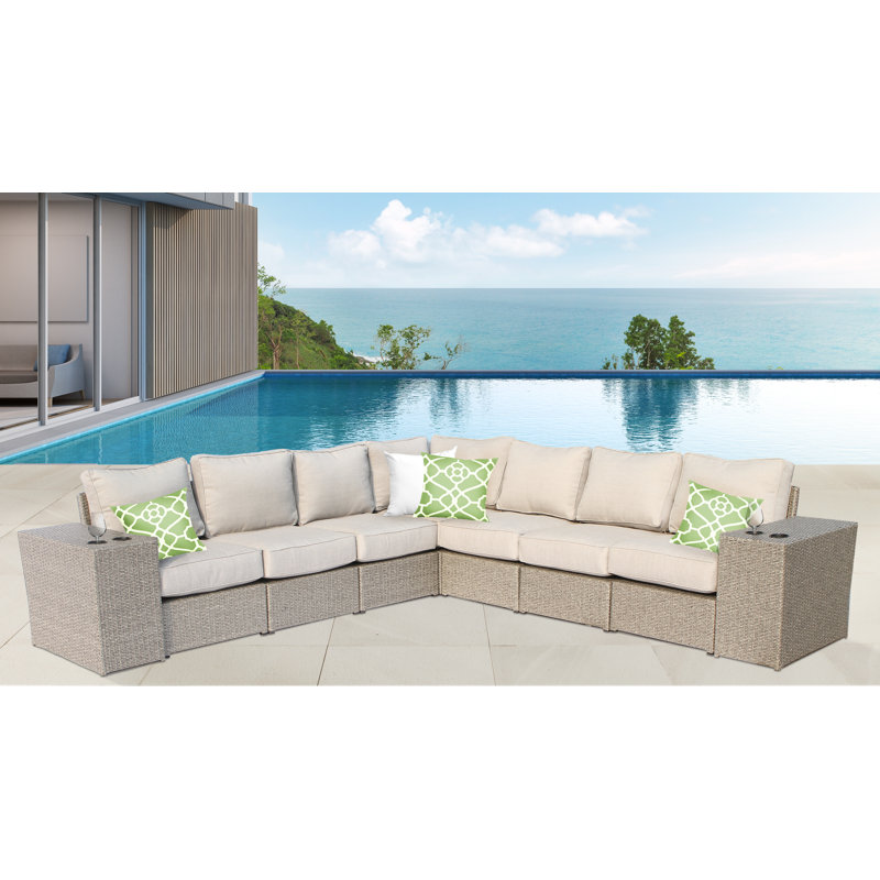 Ensemble de conversation en osier pour 6 personnes avec coussins Almyra