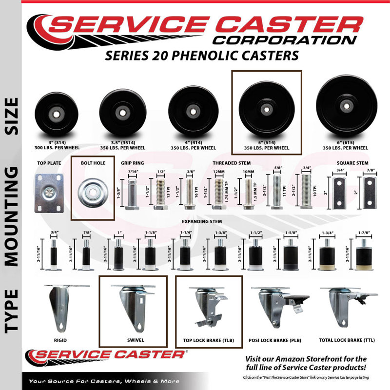 5 Inch Phenolic Wheel Swivel Bolt Hole Caster Set with 2 Brake Service Caster