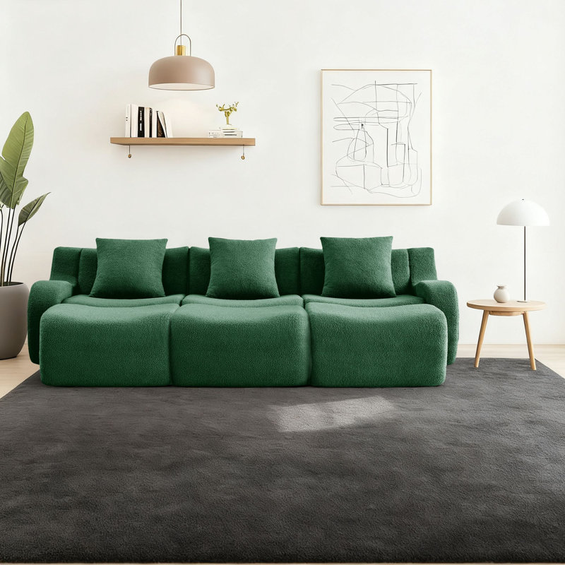 Canapé modulaire rembourré 3 places avec 3 repose-pieds Modern, H 35,43 po x l 115,33 po x P 65,73 po, Ours en peluche vert