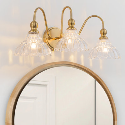 Luminaire de salle de bain rétro au-dessus d'un miroir, applique murale en laiton 3 lumières avec abat-jour en verre fleuri