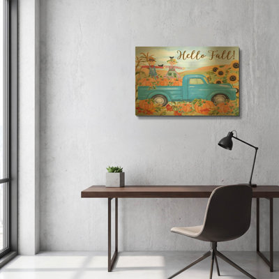 «The Pumpkin Patch Truck D» par Jean Plout, art mural en métal doré, 36 po x 24 po