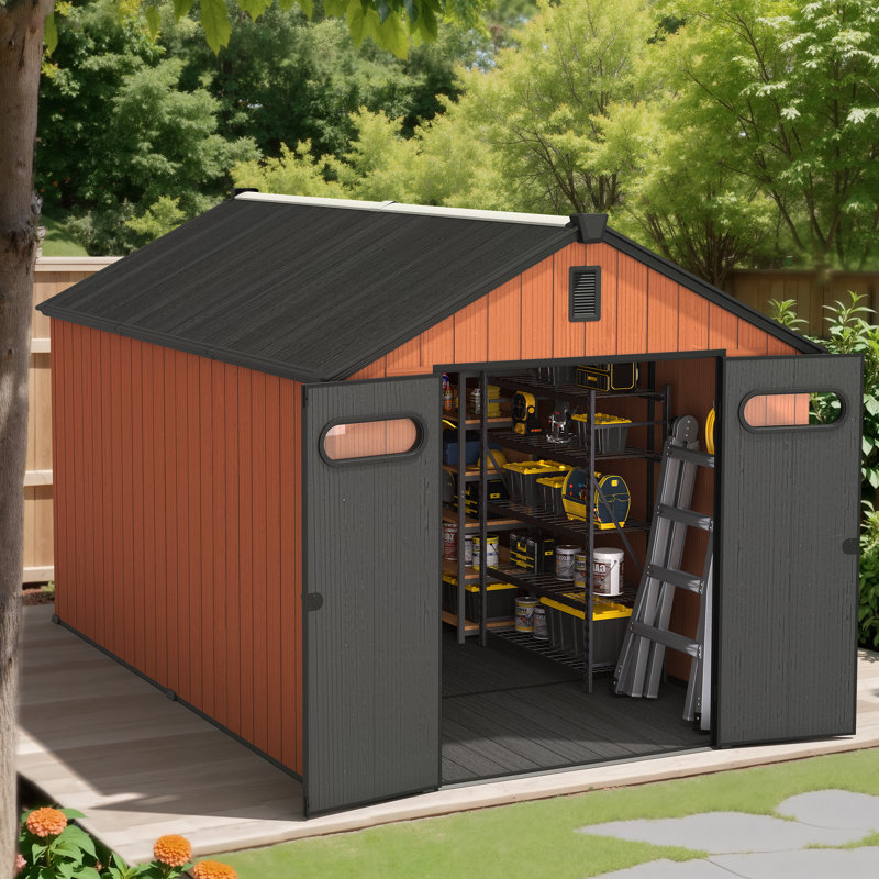 8 Ft. W X 12 Ft. D Outdoor Metal Storage Shed, Includes Acrylic Transparent Windows and Water Drainage, Brown/Black