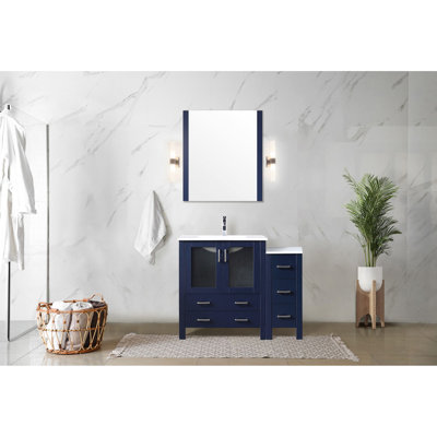 Bleu marine 42 po Meuble-lavabo simple W avec armoire latérale et comptoir en céramique blanche, structure en bois massif, tiroirs à fermeture en douceur, un intérieur pour le rangement, comptoir à teinture longue durée, robinet pré-percé