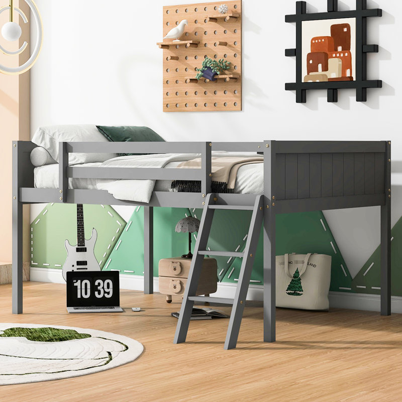 Lit mezzanine double en bois gris avec matelas, sommier sans sommier, fabrication facile à installer, processus d'assemblage