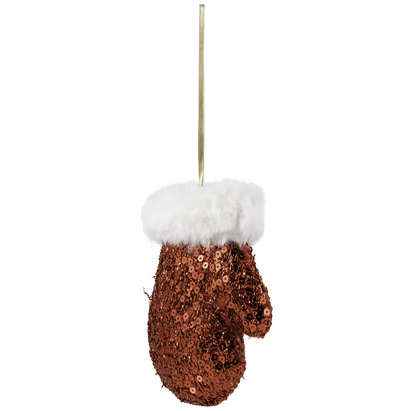 Sequined Winter Mitten With Plush Trim Christmas Ornament - 6" - Red