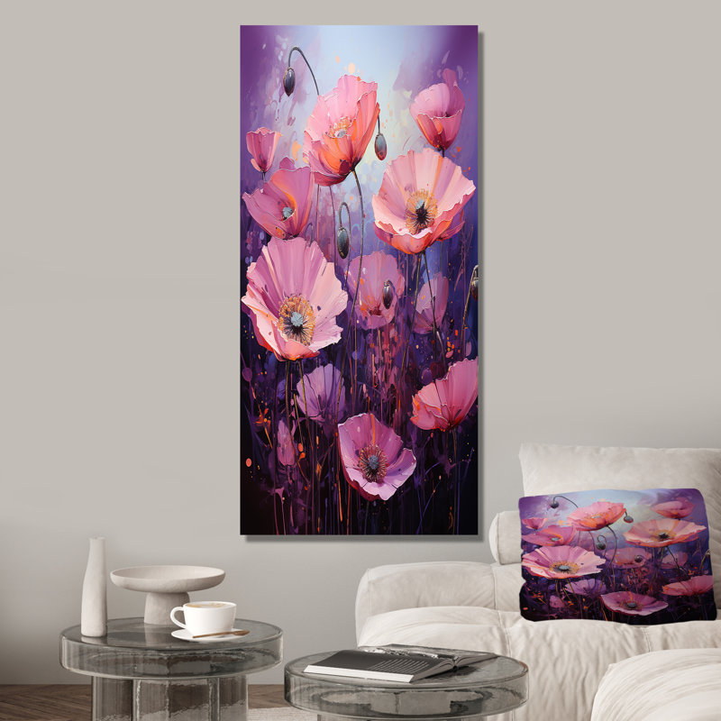 Rose lilas lumineux, palette de coquelicots mauves I - coquelicots, art mural, Toile tendue, H 60 po x l 28 po