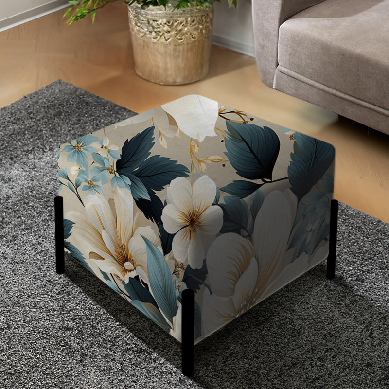 Repose-pieds carré beige floral et bleu hydrangea tranquillité II