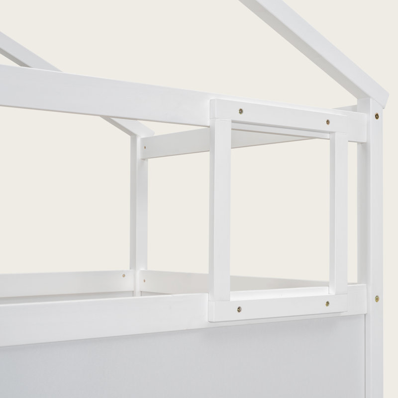 Twin over Full House Bunk Bed with Storage Staircase and Blackboard, Solid Wood Frame, White