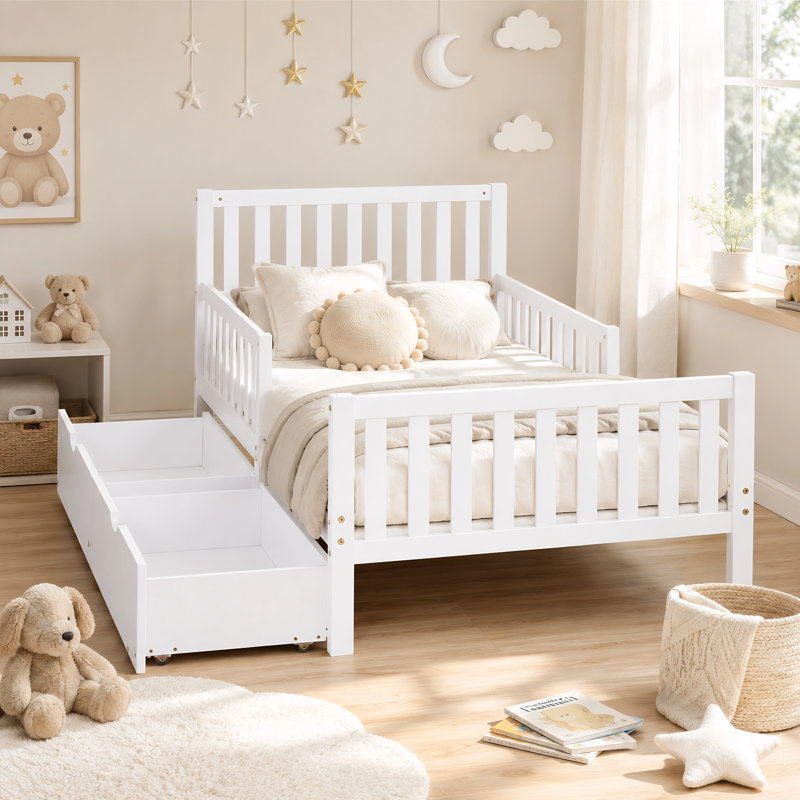 Lit plateforme en bois avec garde-corps des deux côtés de style minimaliste avec deux tiroirs de rangement et une tête de lit