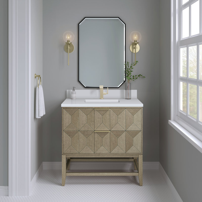 Emmeline 36'' Single Bathroom Vanity with Top, White Zeus, Single-Hole, Pebble Oak
