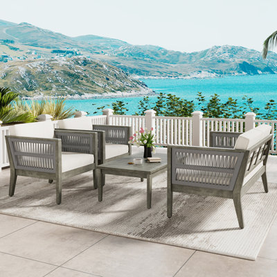 Ensemble de meubles de patio 4 pièces en bois d'acacia, mobilier d'extérieur avec table basse, ensemble de conversation pour patio avec coussins moelleux, chaises de véranda pour le jardin, balcon de la cour arrière, gris et beige