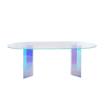 Cienna Chennai Double Pedestal Oval Dining Table In Iridescent Glass And Acrylic