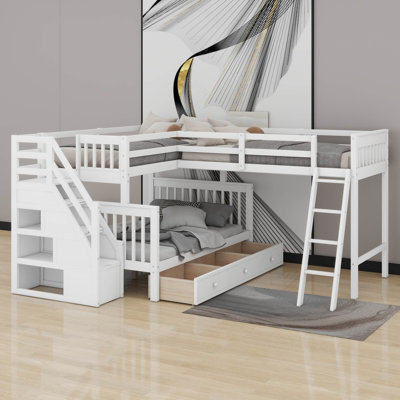 Lit superposé simple au-dessus d'un lit double en L avec tiroirs, escalier et échelle