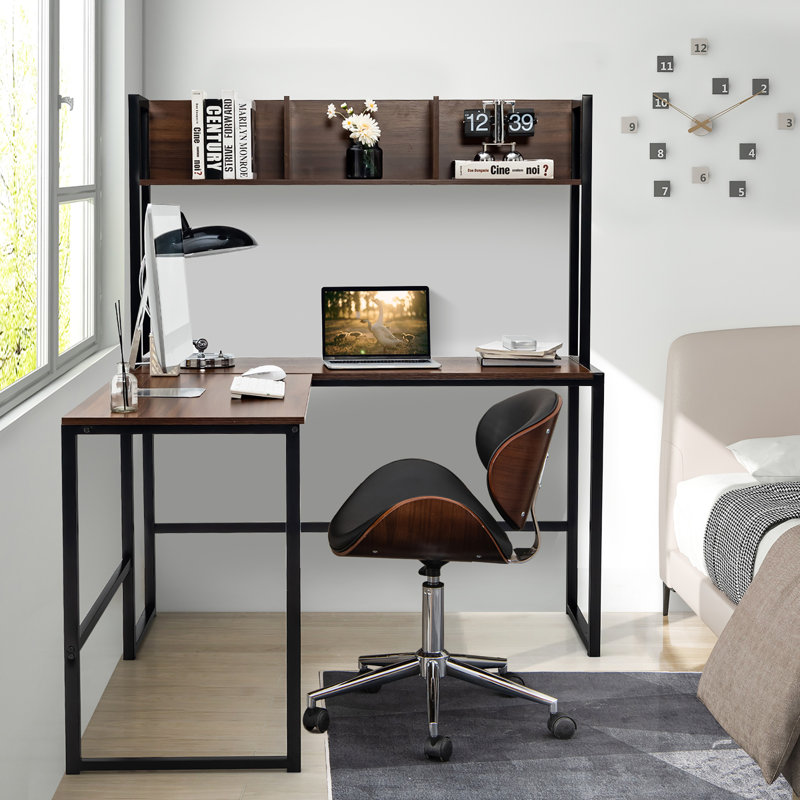 L-Shaped Metal Base Computer Desk, Dark Brown