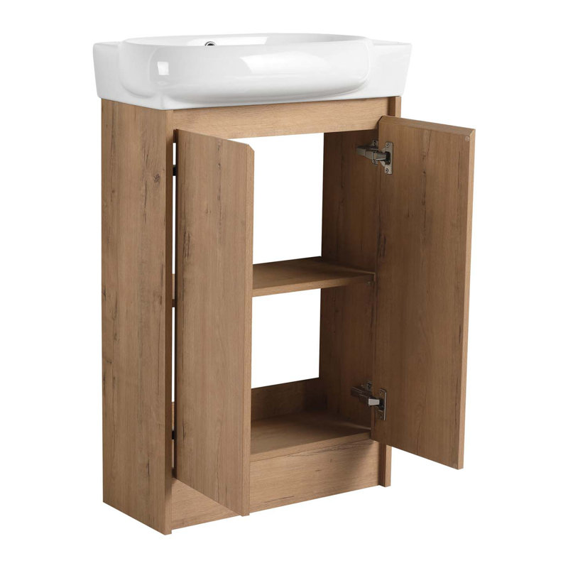 Meuble-lavabo moderne autoportant avec lavabo, armoire de salle de bain avec portes à fermeture en douceur, Chêne